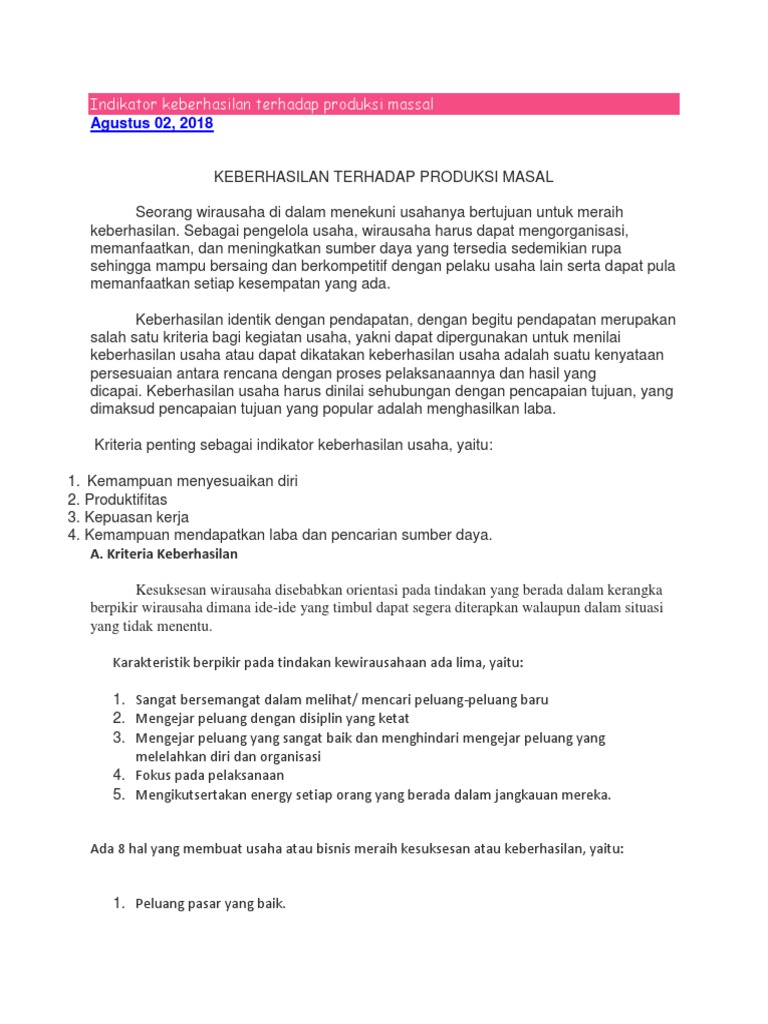 Indikator Keberhasilan Terhadap Produksi Massal