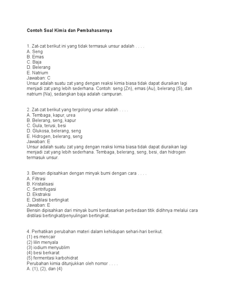Contoh Soal Kimia Dan Pembahasannya Materi Dan Perubahannya