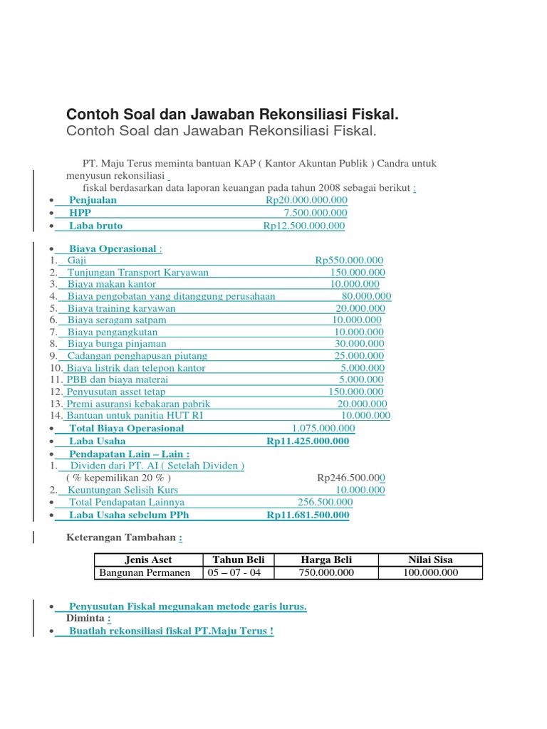 Contoh Soal Dan Jawaban Rekonsiliasi Fiskal Orang Pribadi