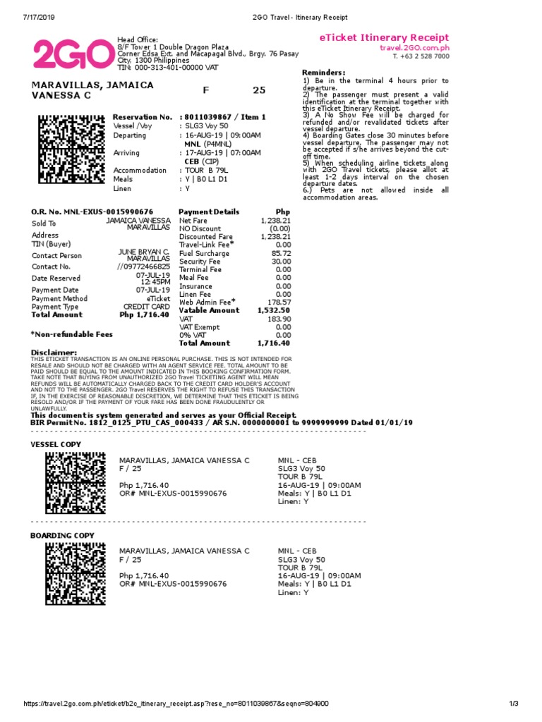 2GO Travel eTicket Itinerary Receipt | PDF | Identity Document | Ticket ...