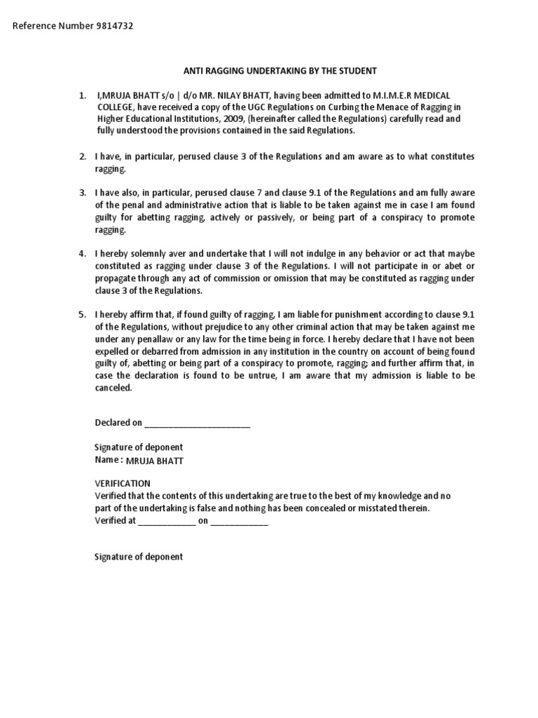 Anti-Ragging Undertaking Reference 9814732 | PDF | Ethical Principles ...