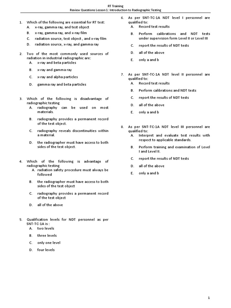 RT Lesson 1 Review Questions Introduction To Radiographic Testing