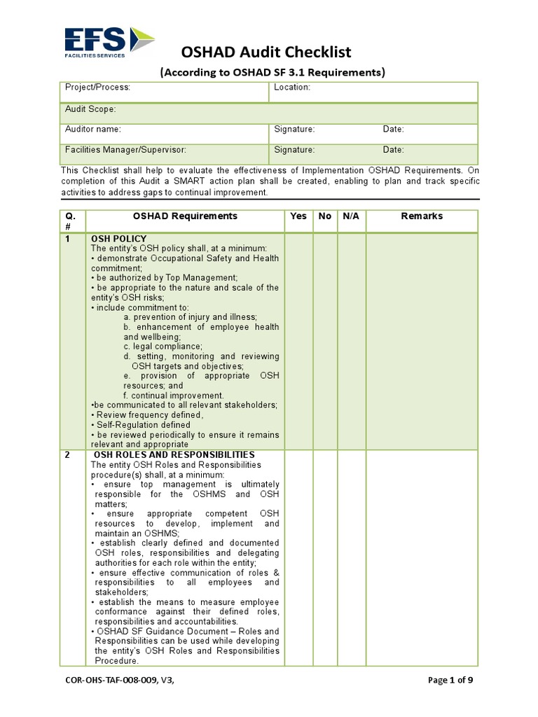 Cor-Ohs-Taf-000-000 Oshad Audit Checklist, V1 | PDF | Risk Management ...