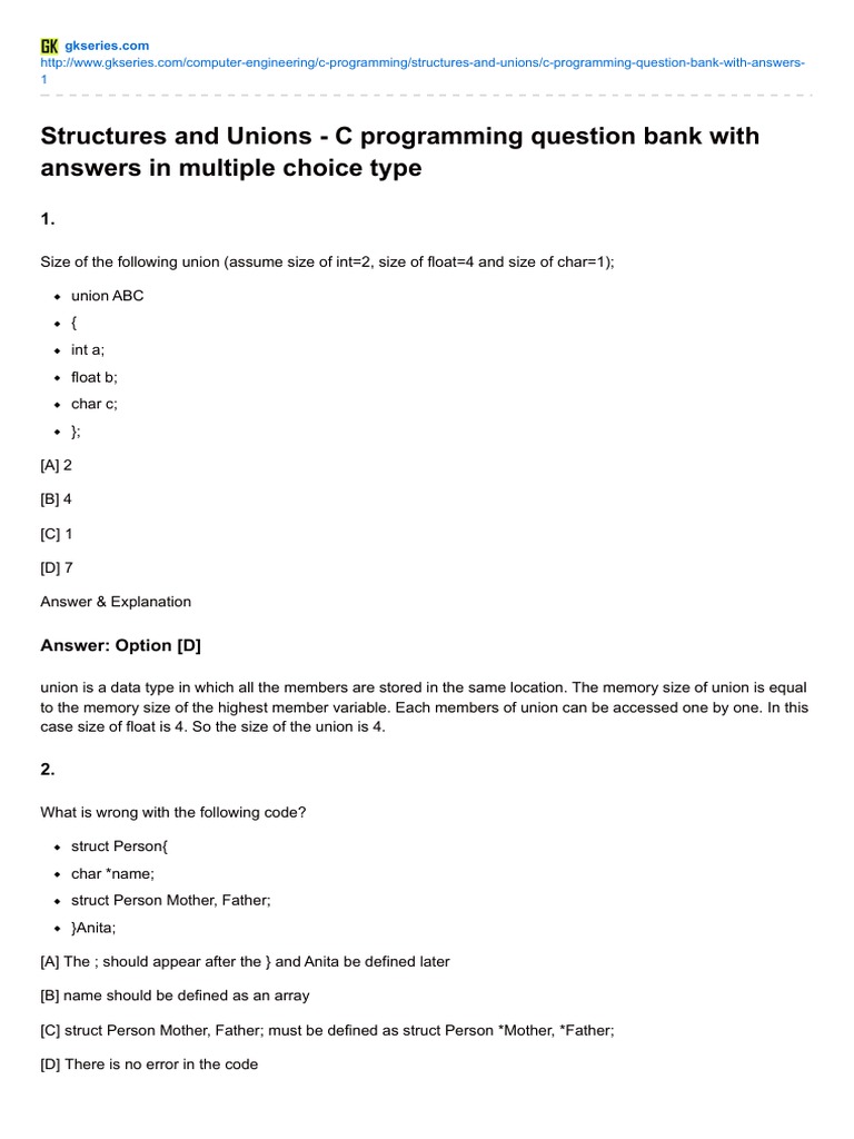 C Structures and Unions Question Bank | PDF