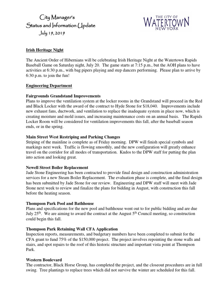 Watertown City Manager's Status and Info Report July 19, 2019 PDF