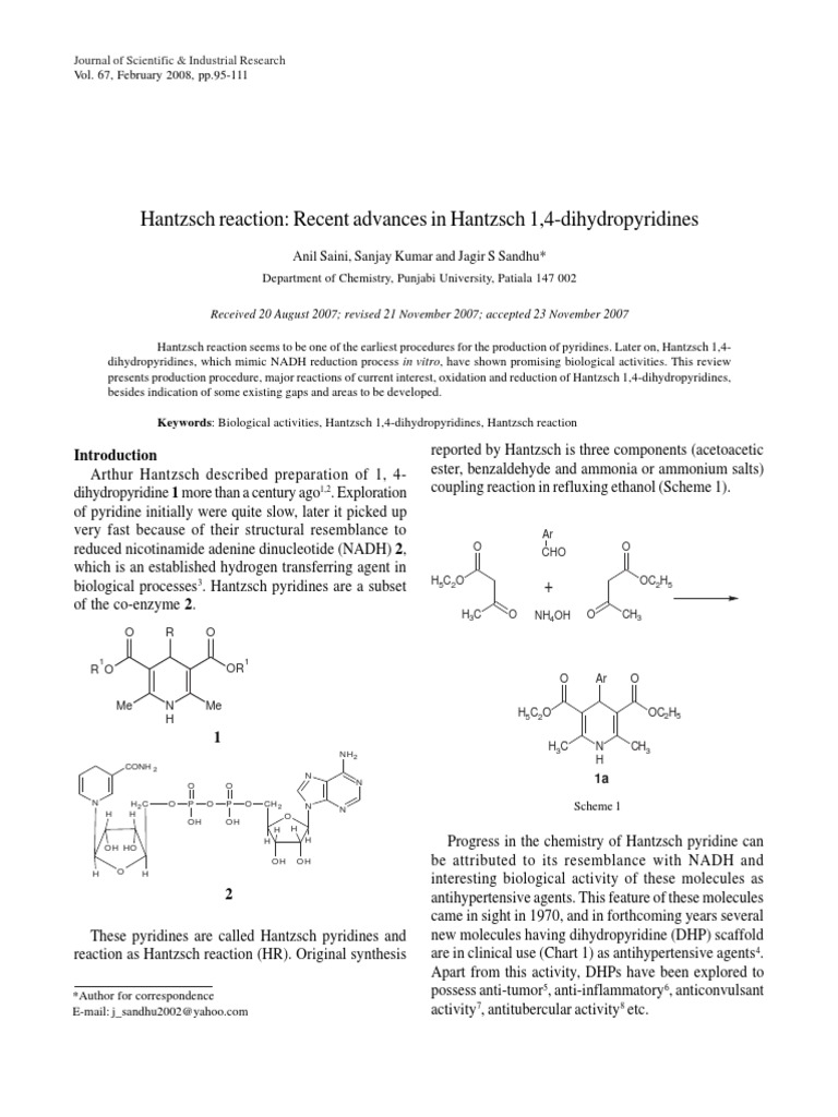 Hantzsch Reaction Recent Advances in Hantzsch PDF Redox Pyridine