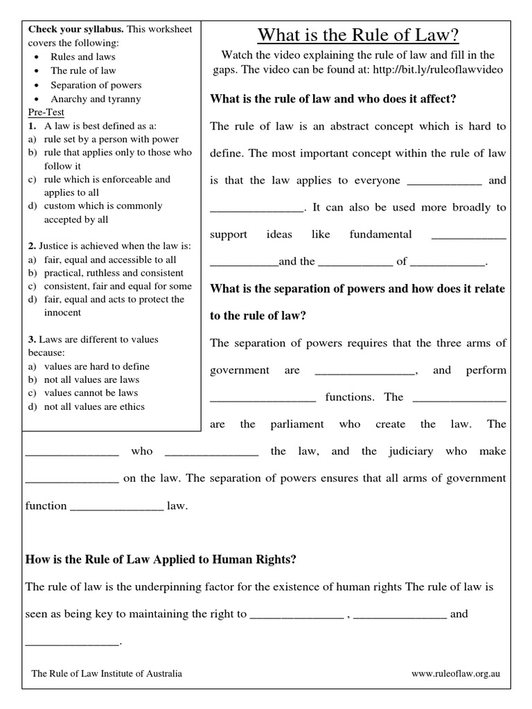 Video 1 Worksheet Rule of Law PDF Rule Of Law Rights