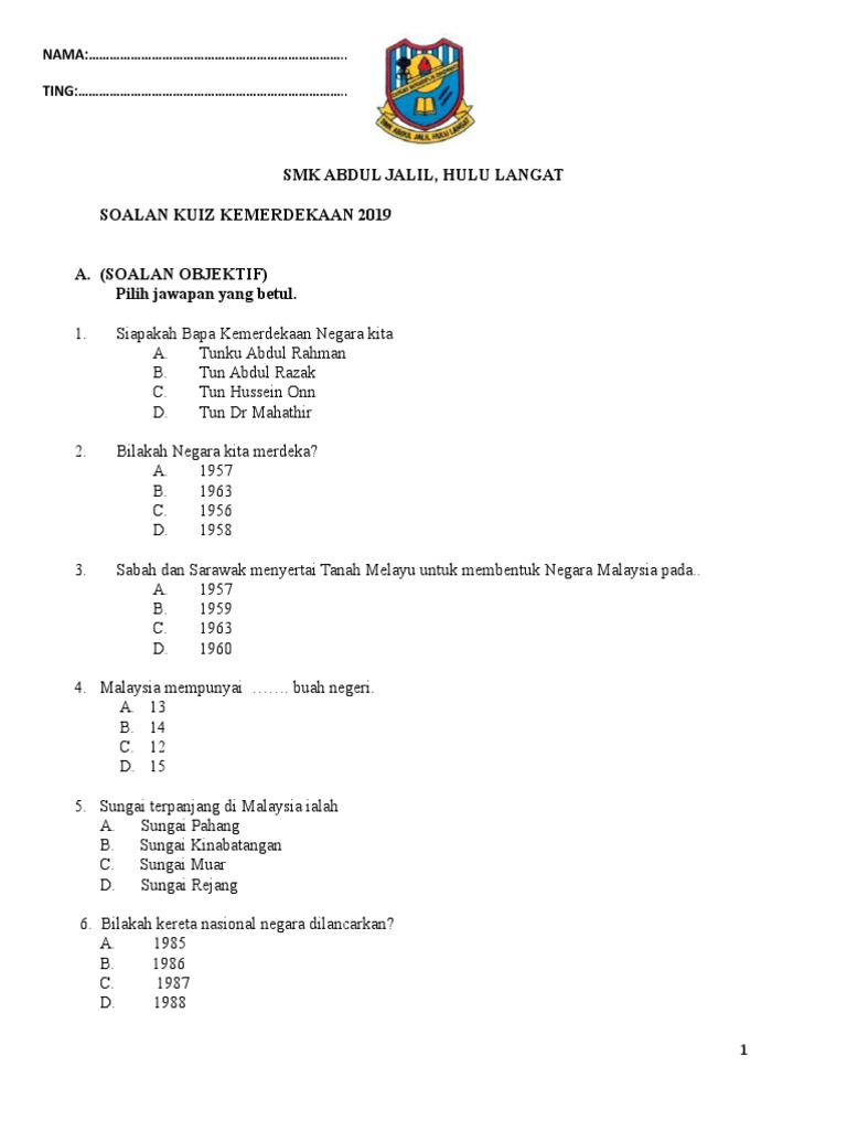 JAWAPAM Soalan Kuiz Kemerdekaan 2019