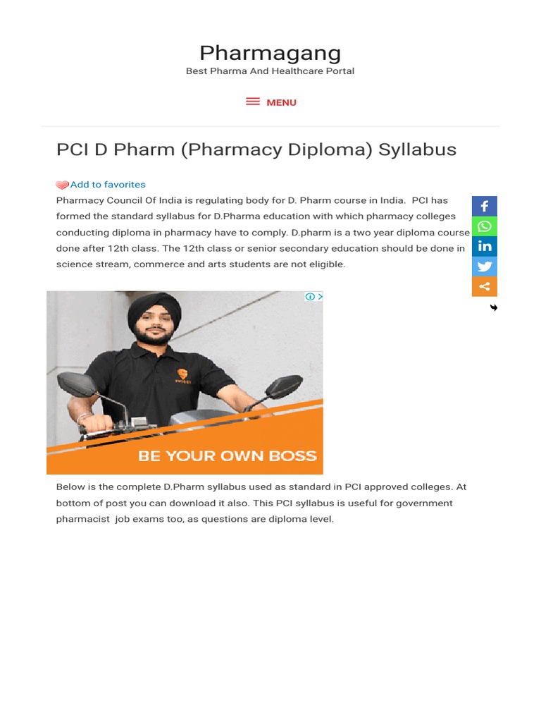 PCI D Pharm (Pharmacy Diploma) Syllabus - Pharmagang | PDF | Human Body ...