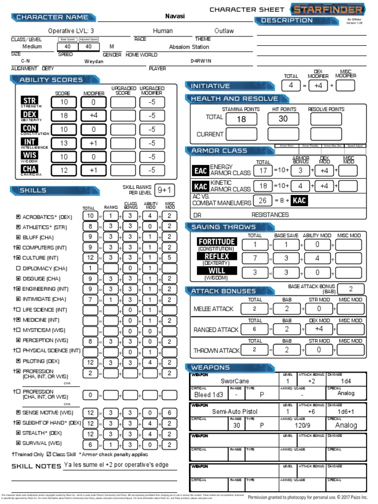 STR DEX CON INT WIS CHA: Operative LVL: 3 Human Outlaw | PDF | Tabletop ...