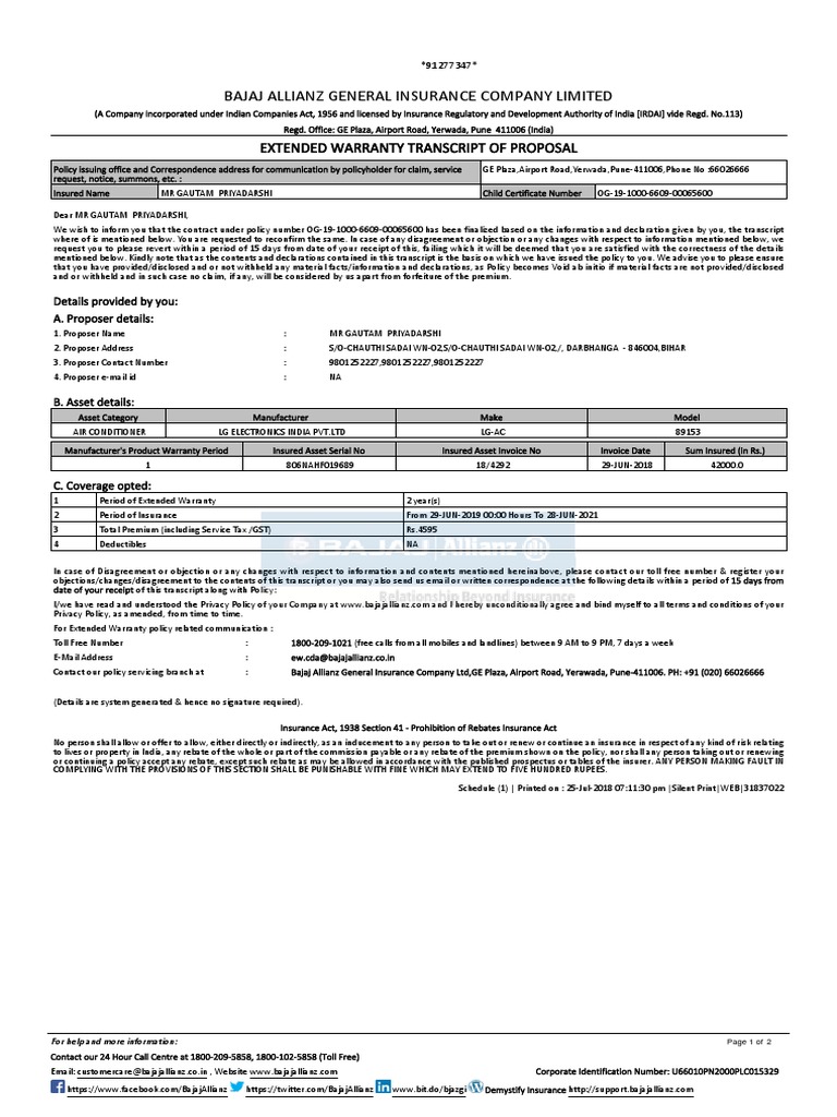 Bjaz GC Policy Schedule Ew | PDF | Insurance | Invoice
