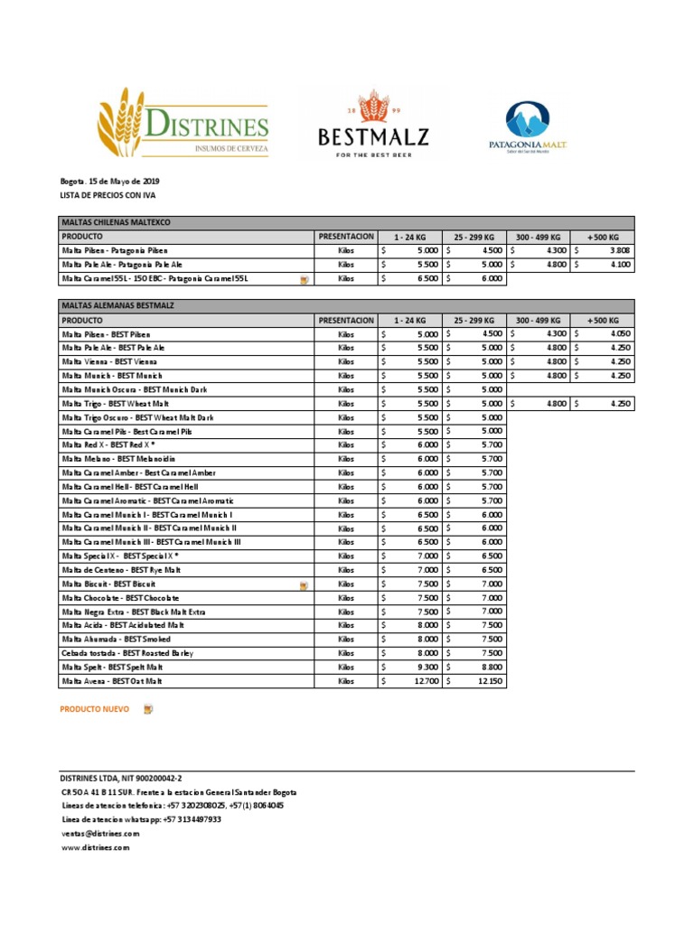 Lista de Precios 01052019 Fabricación de cerveza Bebidas alcohólicas