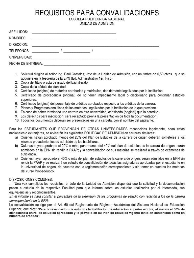 Formato de Solicitud de Convalidaciones PDF | PDF | Plan de estudios ...