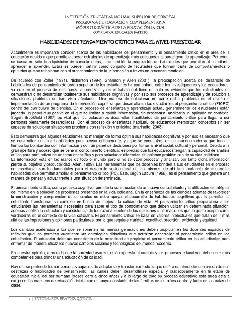 2 - Habilidades de Pensamiento Crítico para El Nivel Preescolar | PDF ...