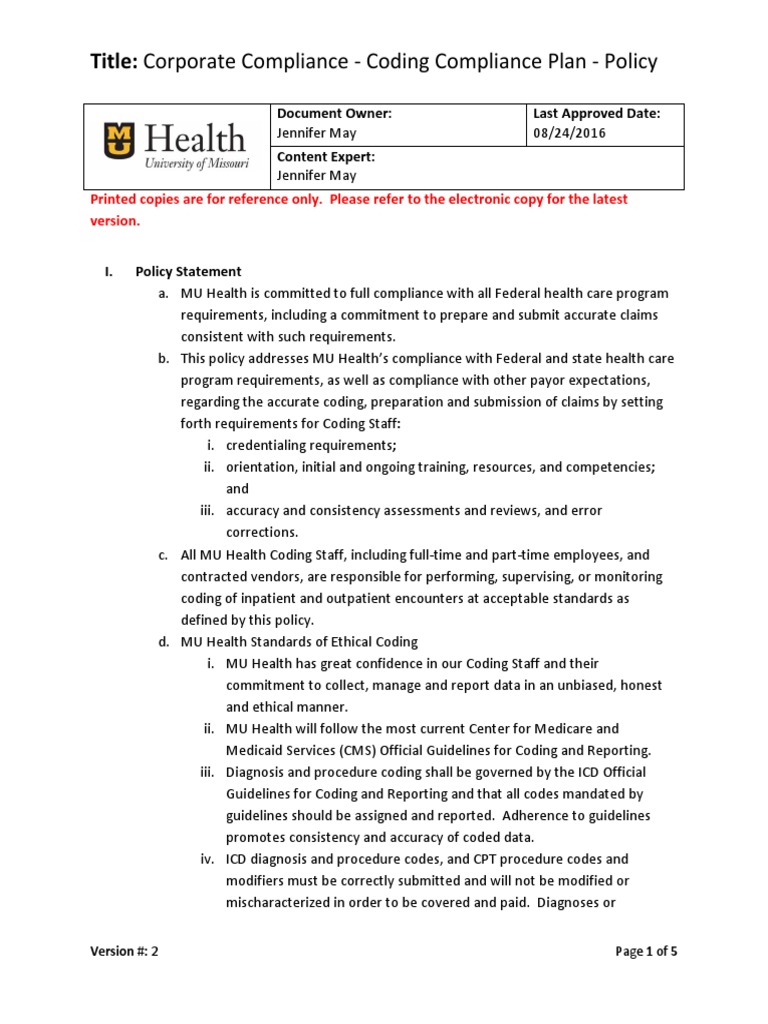 Cc12 Coding Compliance Plan | PDF | International Statistical ...
