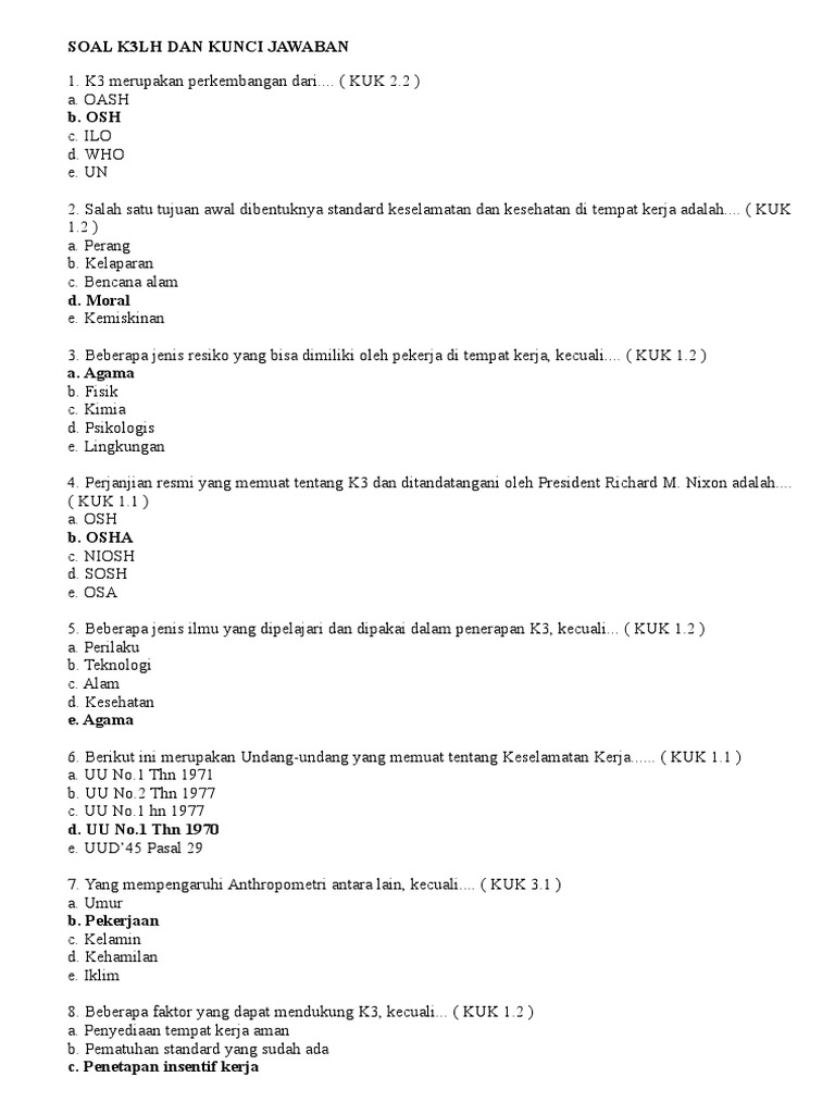 Soal K3lh Dan Kunci Jawaban