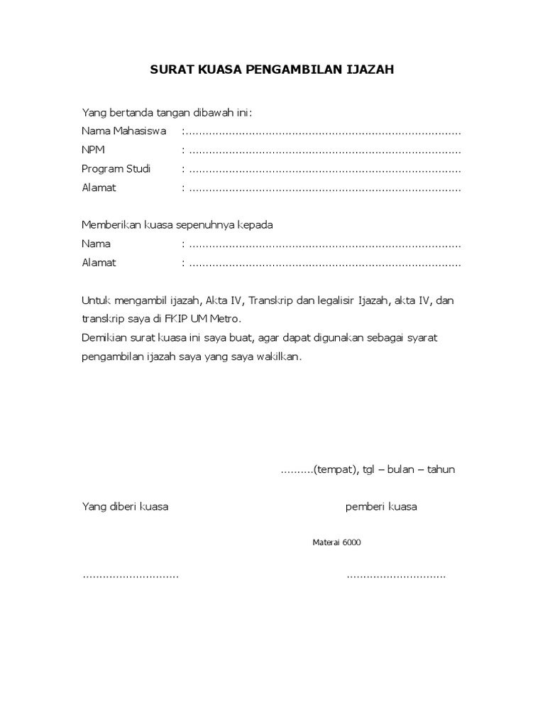 Surat Kuasa Pengambilan Ijazah 1 Pdf