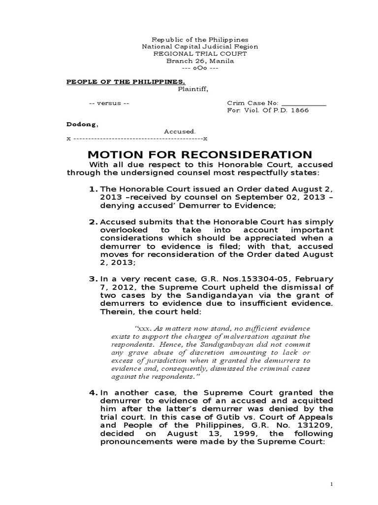 Motion for Reconsideration of Denial | PDF | Demurrer | Evidence
