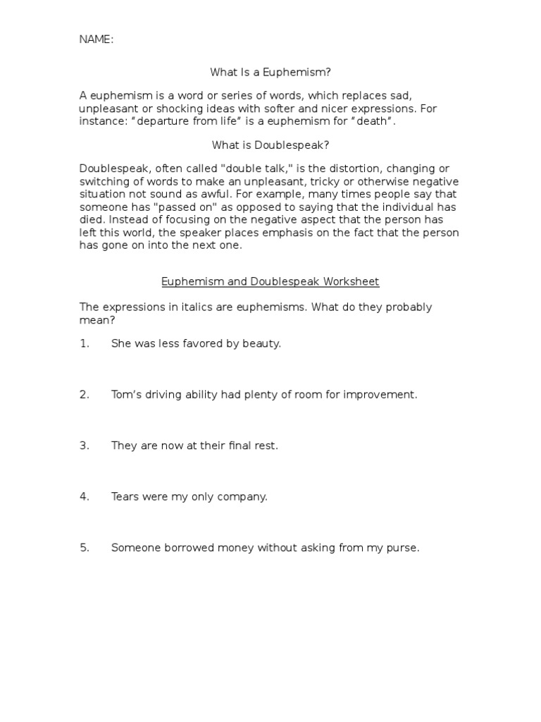 euphemismanddoublespeakworksheetdoc politics violence
