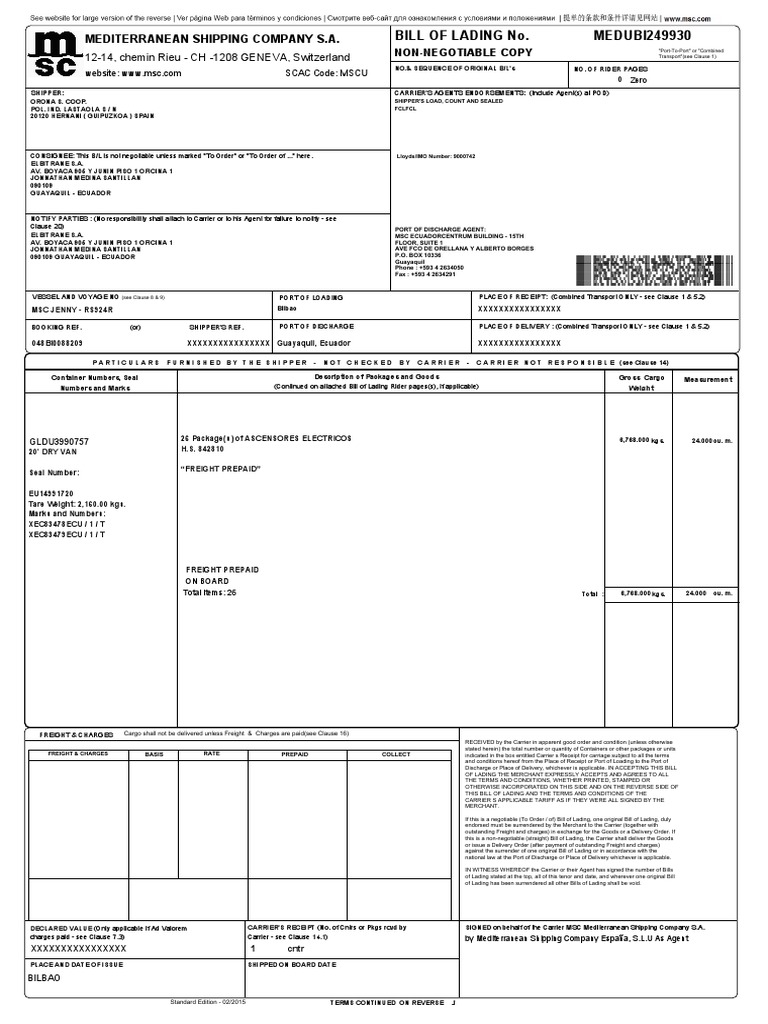 NonNegotiable Copy Mediterranean Shipping Company S.A. 1214, chemin