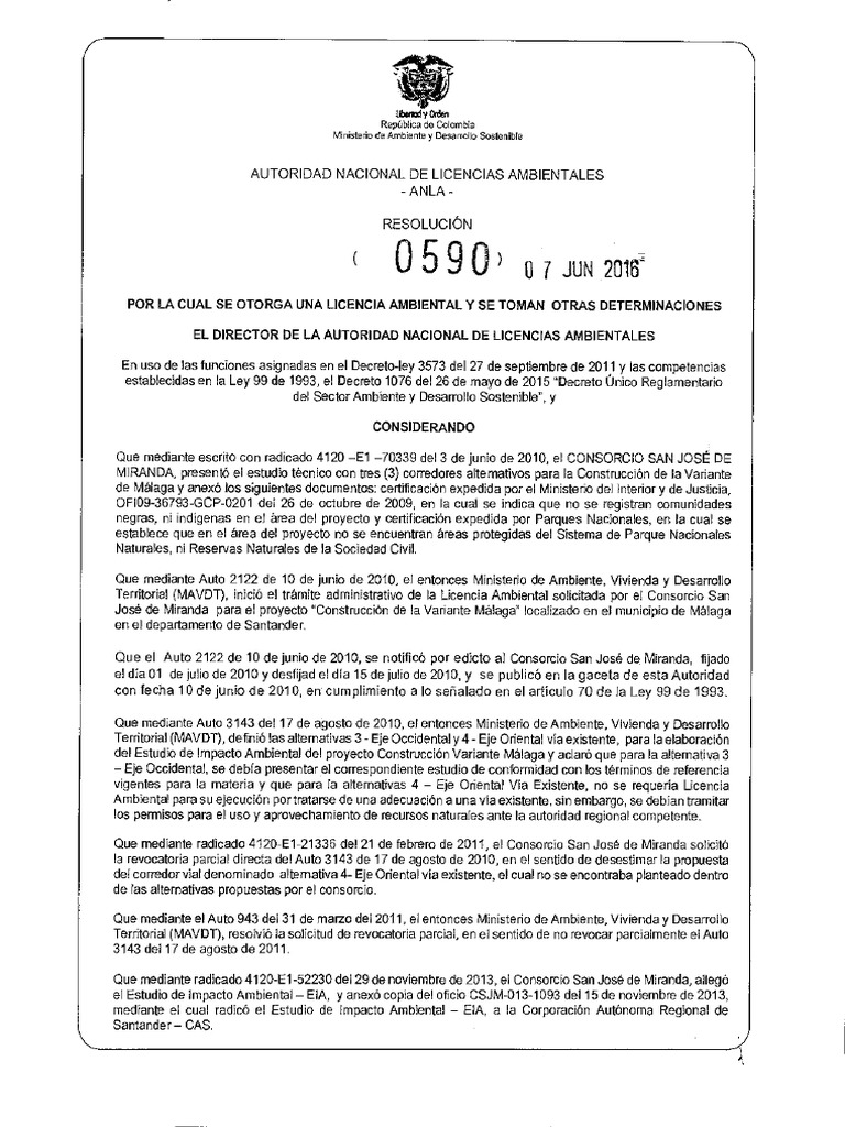 Licencia Ambiental Variante Málaga ANLA | PDF | Evaluación de impacto ...