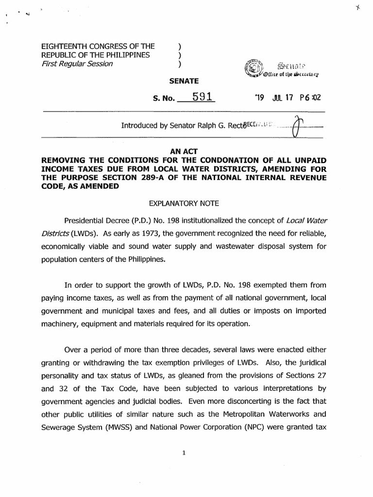 SBN0591 Condonation of All Unpaid Taxes Due From Local Water Districts PDF