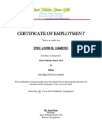 Certificate of Employment: Eric John M. Camero