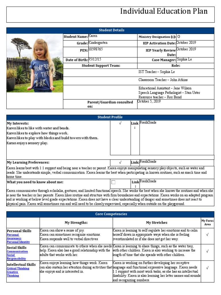 IEP Sample for Kindergarten Student | PDF | Curriculum | Individualized ...