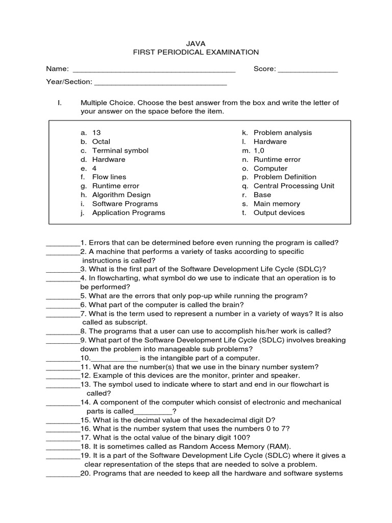 TLE JAVA First Quarter Exam | PDF | Integer (Computer Science ...