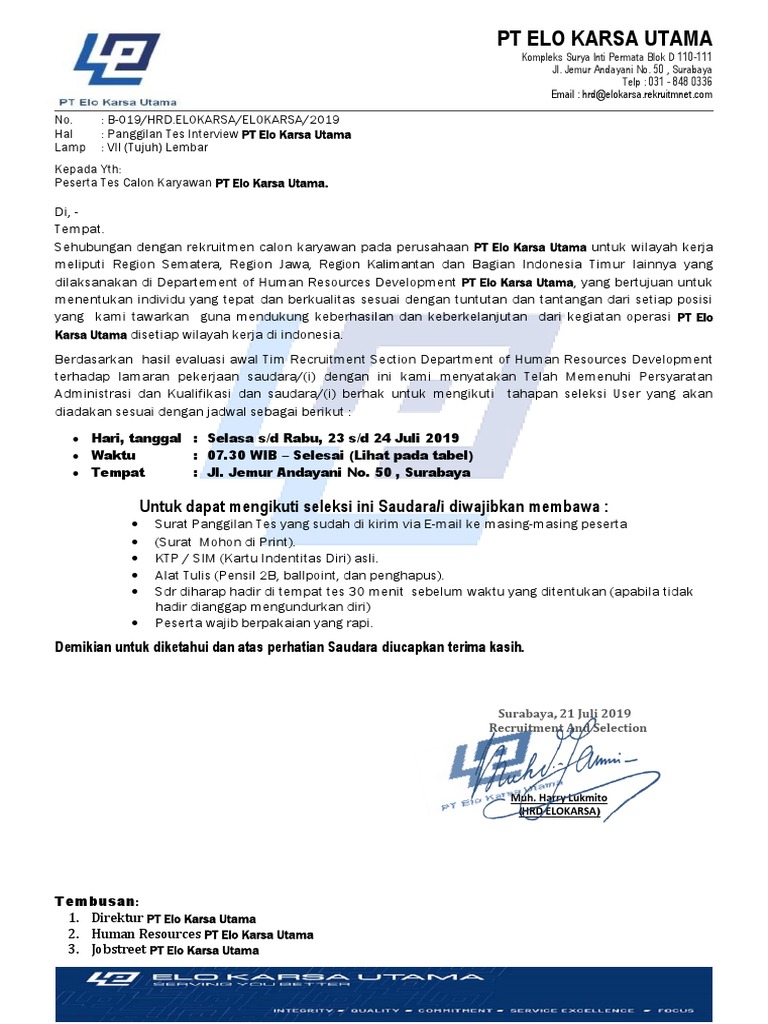 Undangan Interview Pt Elo Karsa Utama Tahun 2019 Pdf