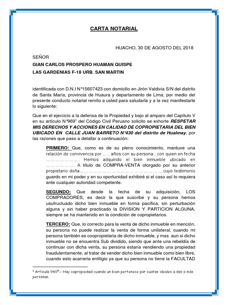 Carta Notarial Copropiedad Condominio Demanda Judicial
