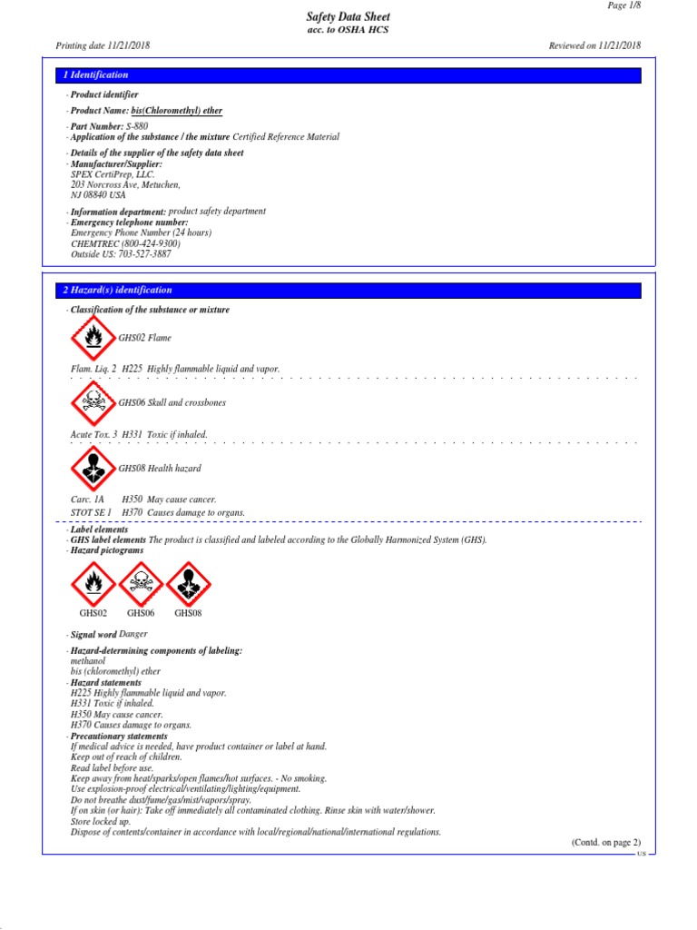 BIS (Chloromethyl) Ether PDF Toxicity Dangerous Goods