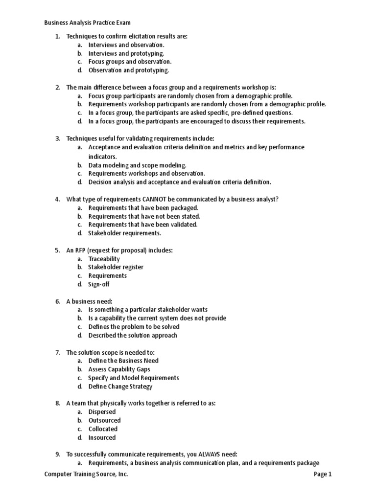 Business Analysis Practice Exam PDF Business Analysis Focus Group