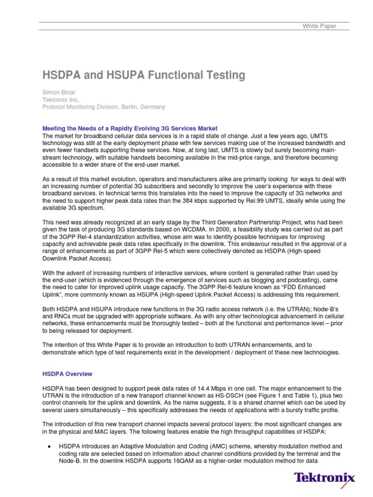 HSDPA and HSUPA Functional Testing: Simon Binar Tektronix Inc, Protocol ...