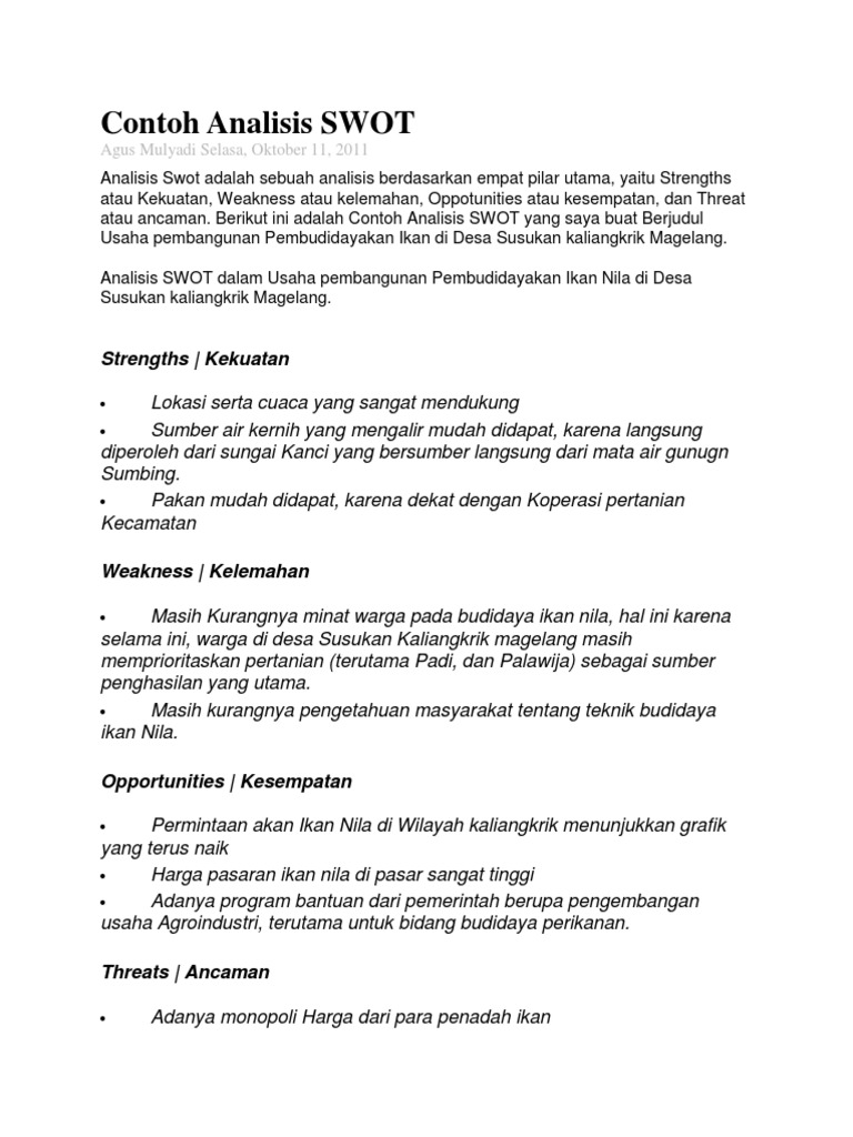 Analisis SWOT Budidaya Ikan Nila Magelang | PDF