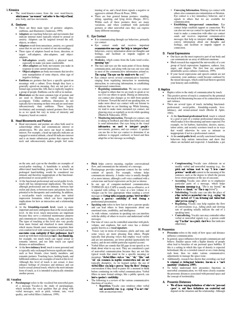 I. Kinesics PDF Nonverbal Communication Facial Expression