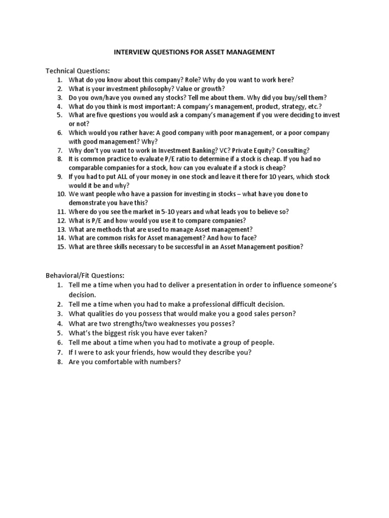 Asset Management Interview Questions Guide | PDF