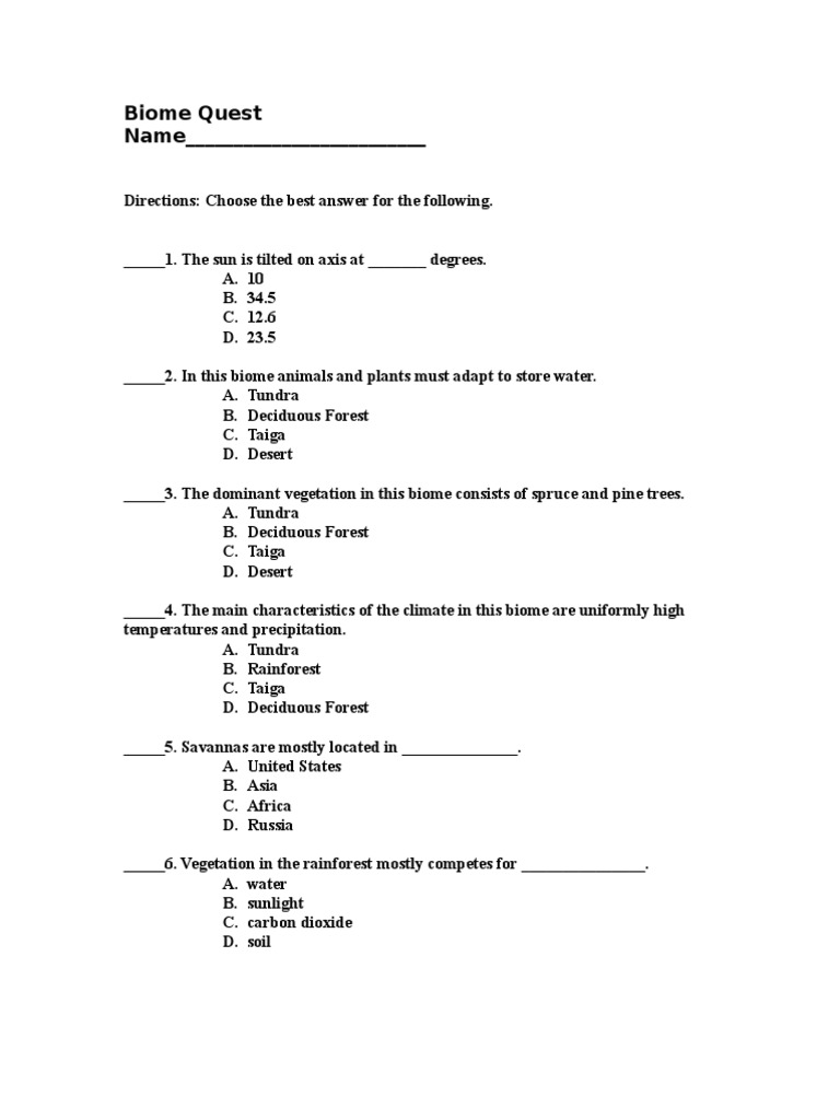 Quiz Ecology PDF Grassland Forests