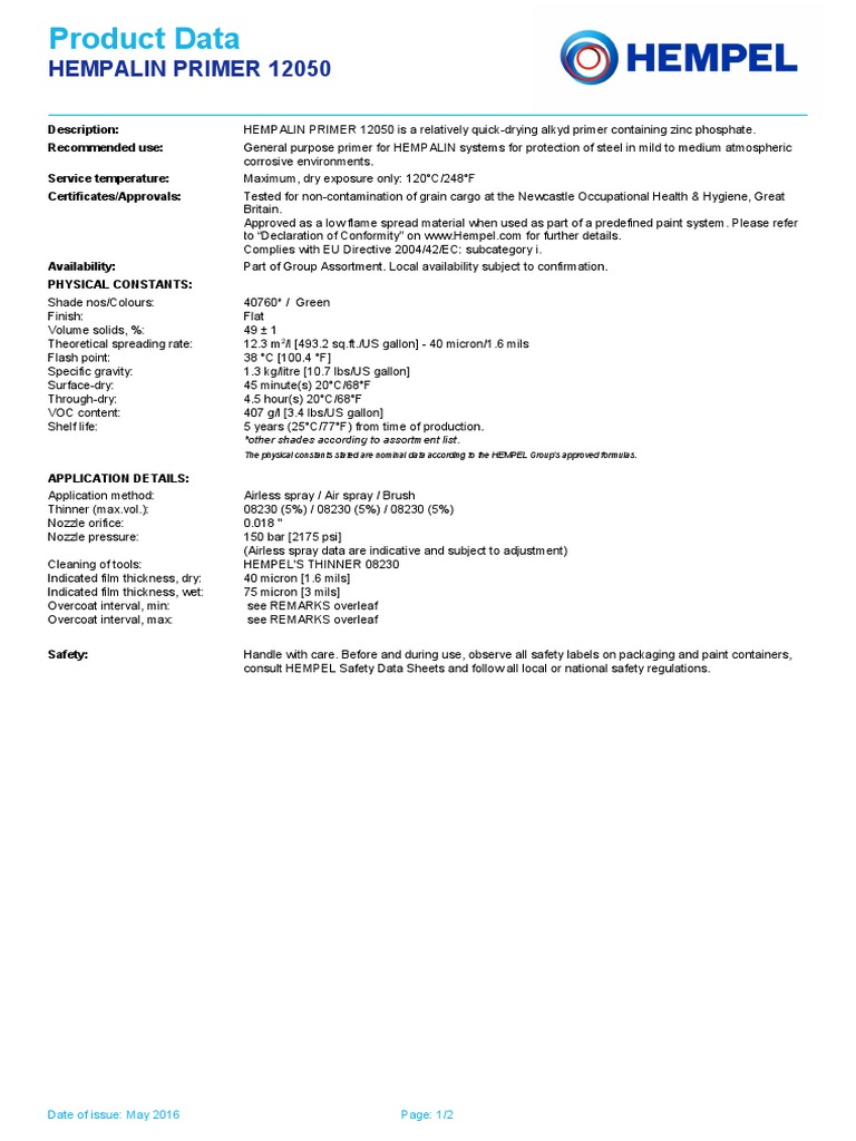 Hempel's Hempalin Primer 12050 Data Sheet | PDF | Paint | Industrial ...
