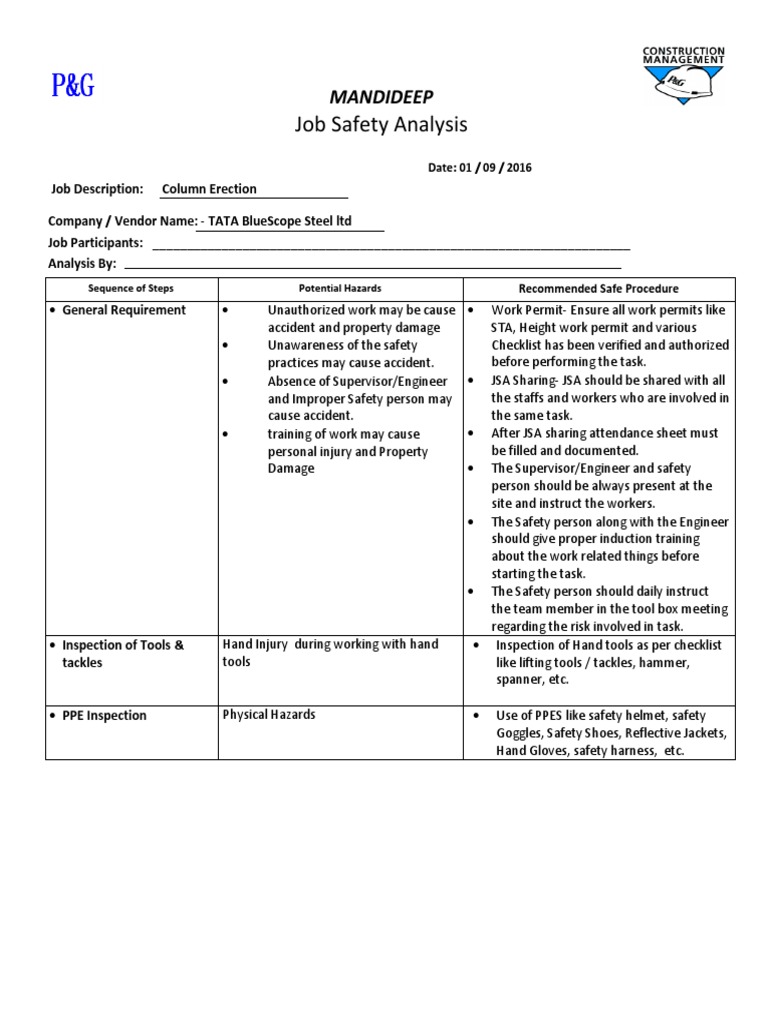 JSA # 3 Column Erection | PDF | Personal Protective Equipment | Crane ...