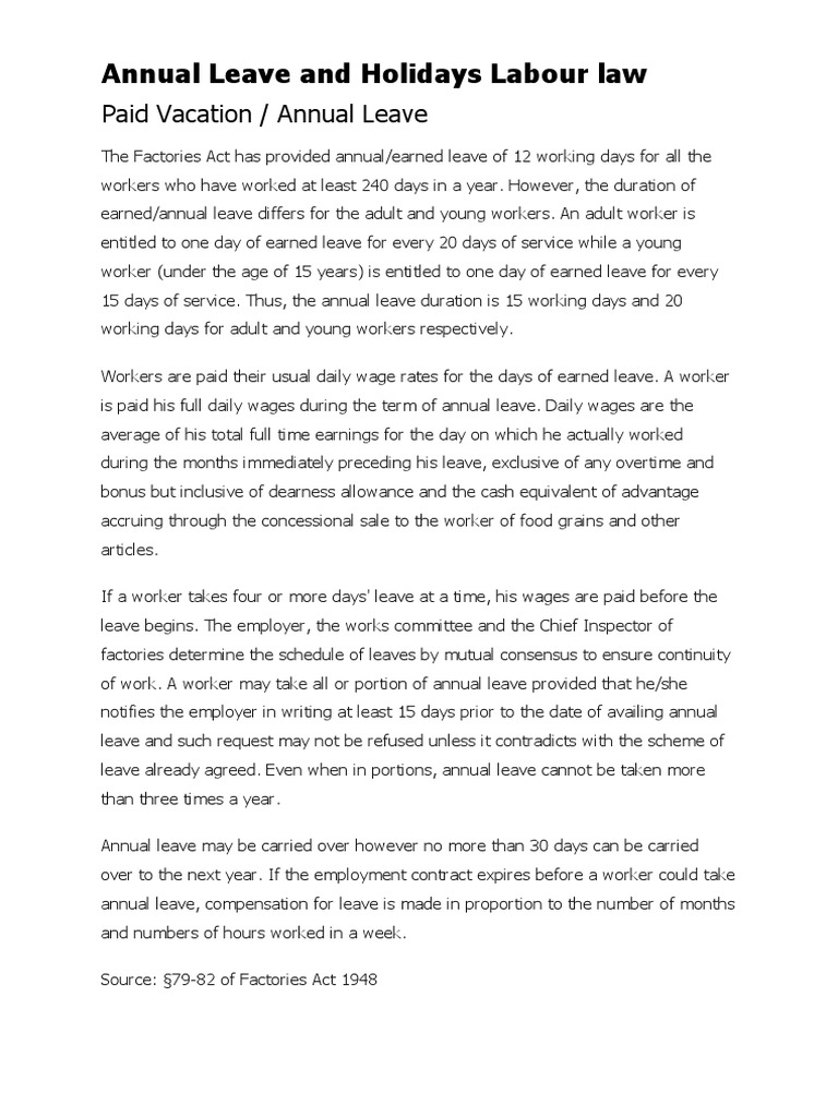 Labour Law Annual Leave and Holidays PDF Annual Leave Working Time