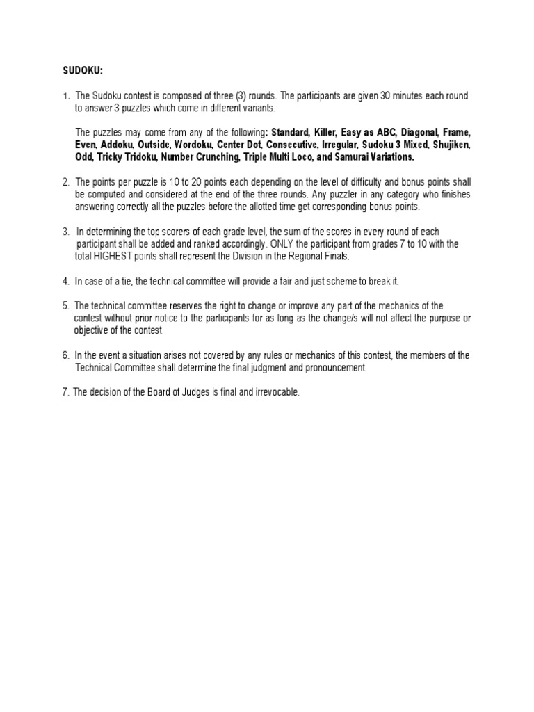 Rules and Mechanics for a MultiRound Sudoku Competition Featuring