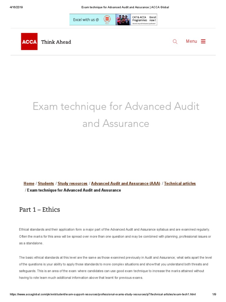 ACCA P7 Exam Technique Ethics PDF Audit Test (Assessment)