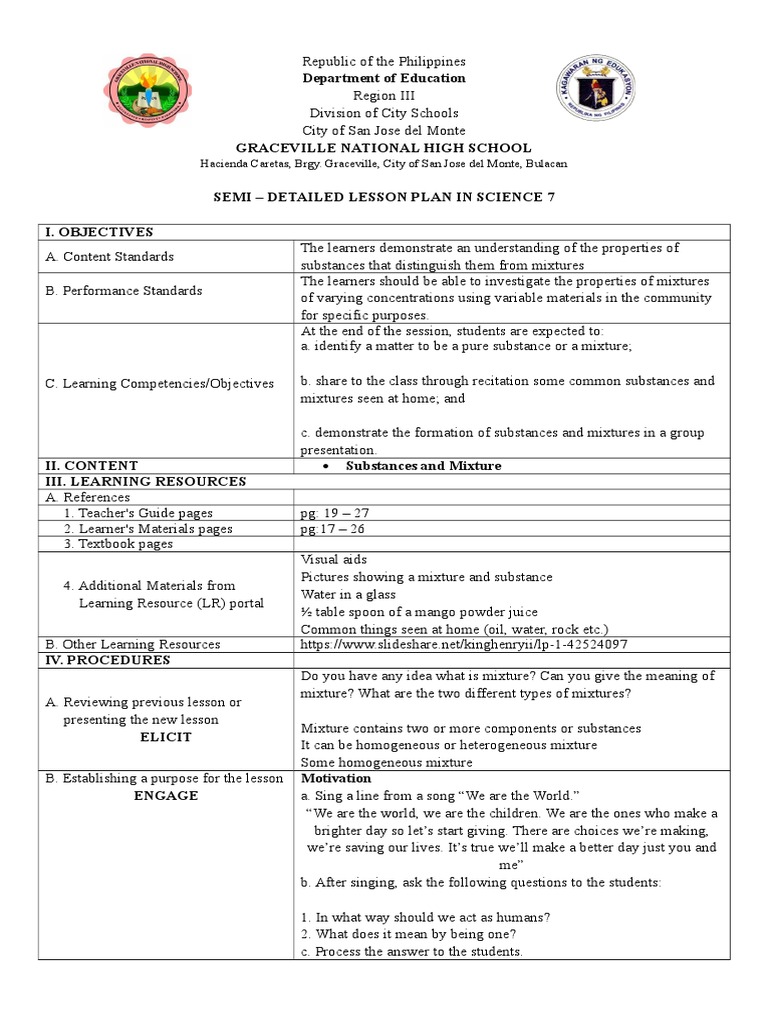 Science 7 Lesson Plan: Mixtures & Substances | PDF | Mixture | Chemical ...