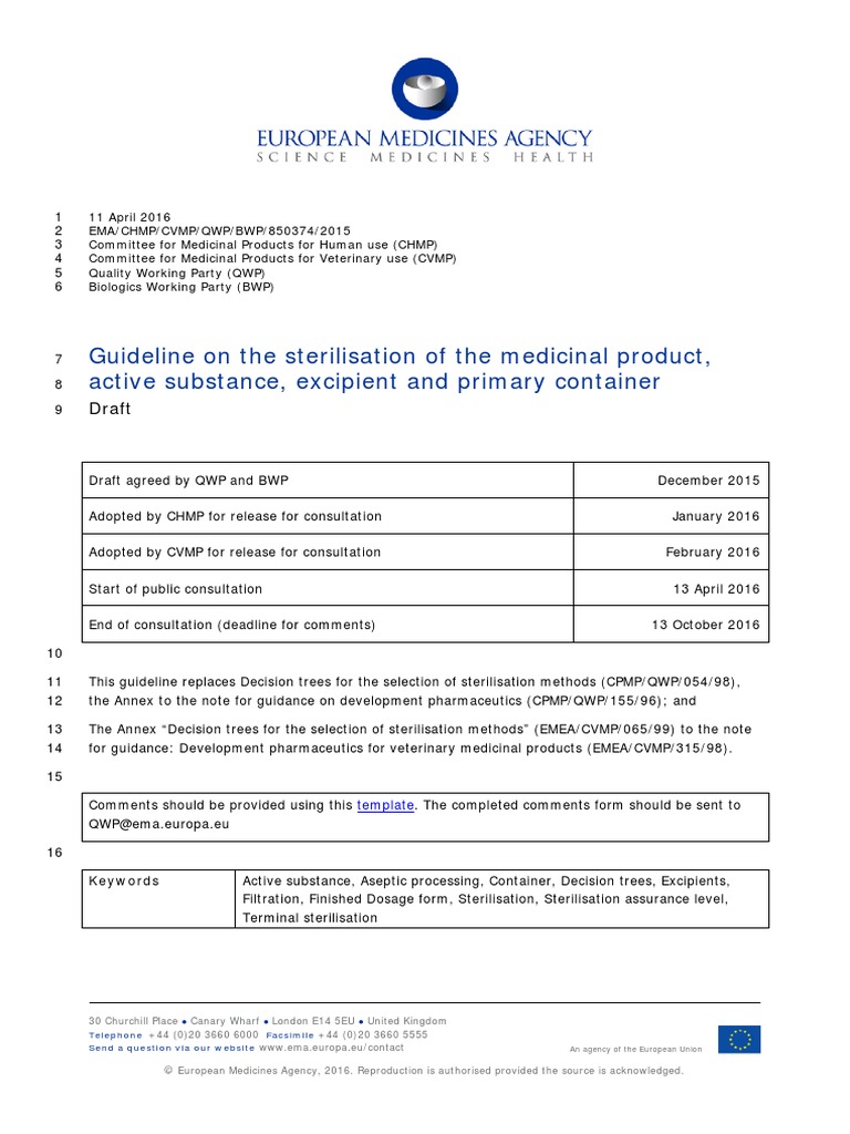 Guideline On The Sterilisation of The Medicinal Product, Active