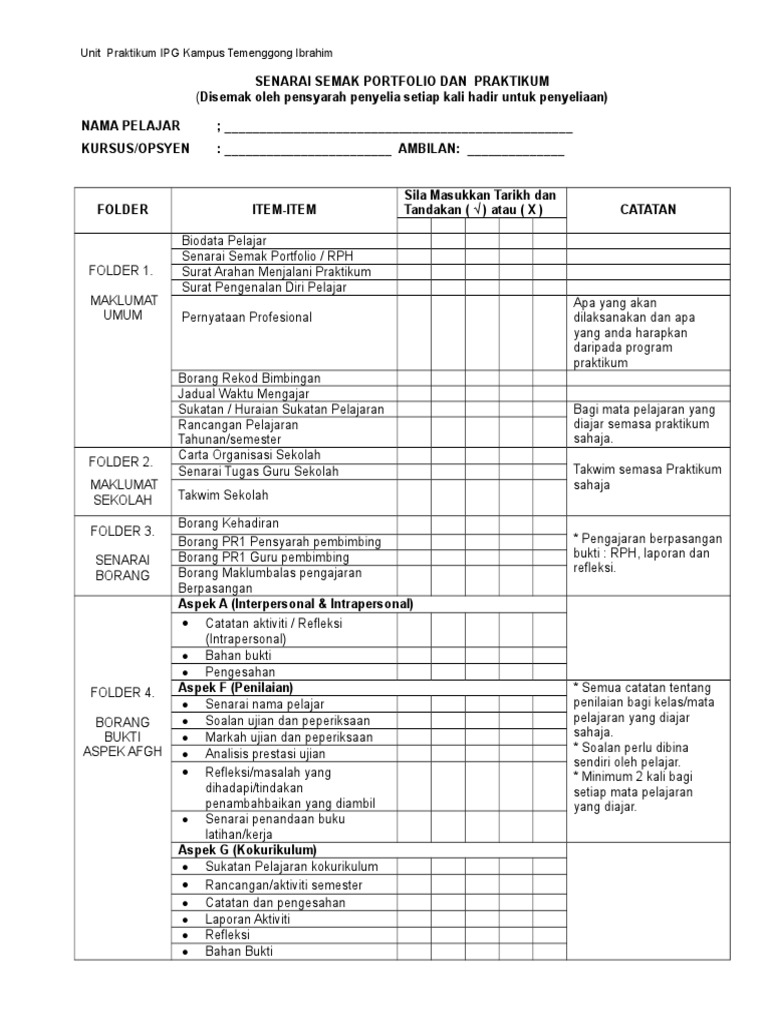 Senarai Semak Portfolio Praktikum Pdf