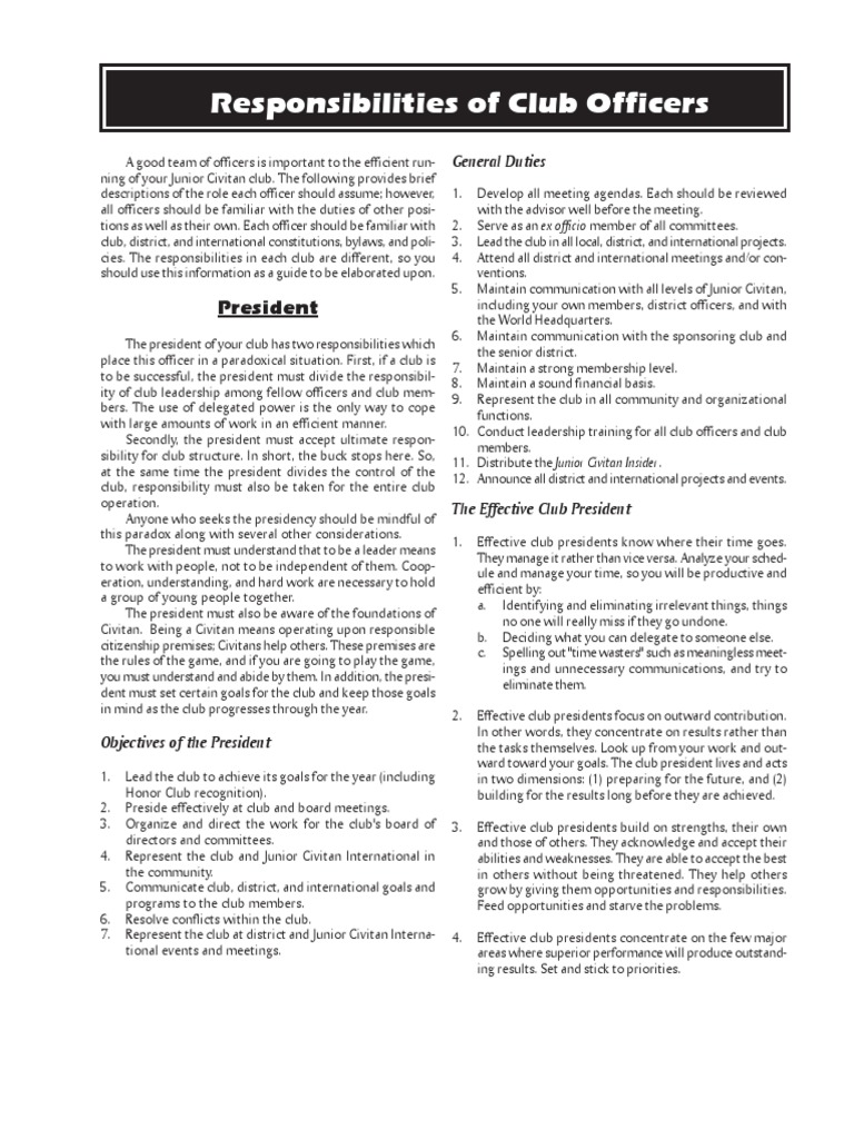Responsibilities of Club Officers: President | PDF | Board Of Directors ...