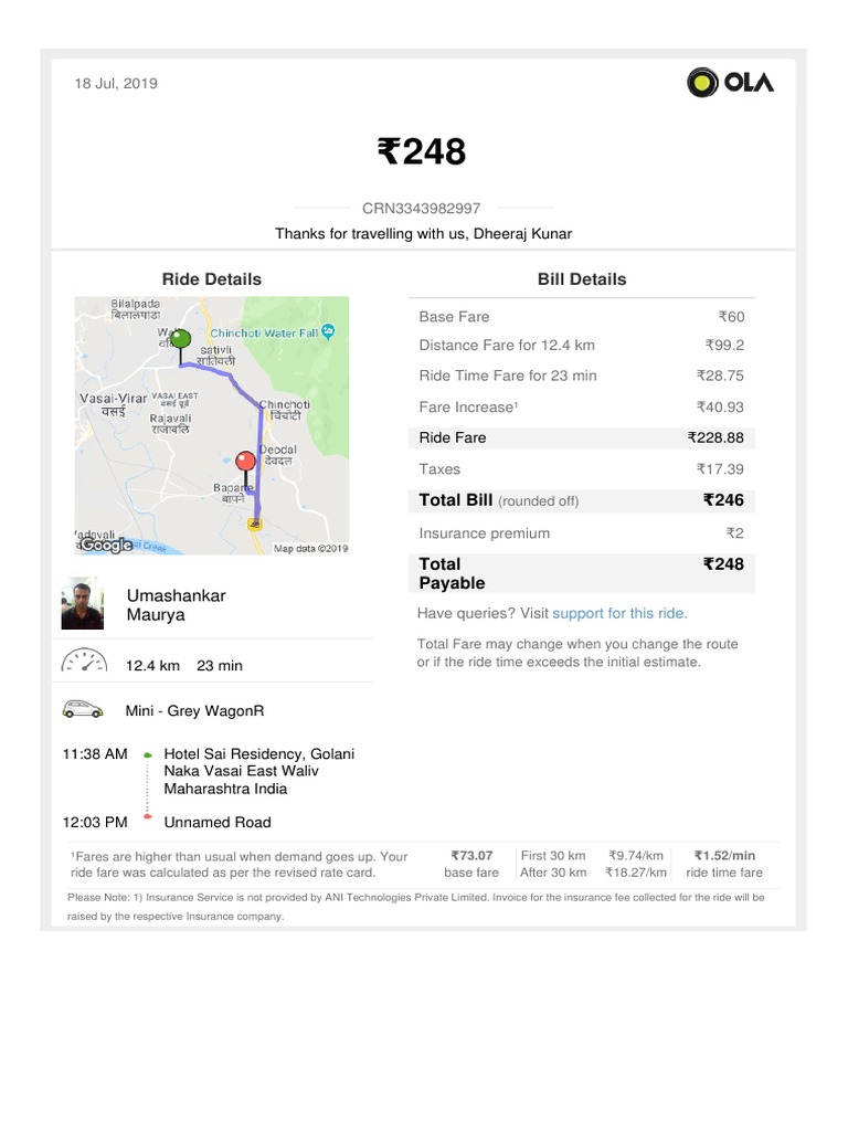 Ride Details Bill Details Thanks For Travelling With Us Dheeraj Kunar