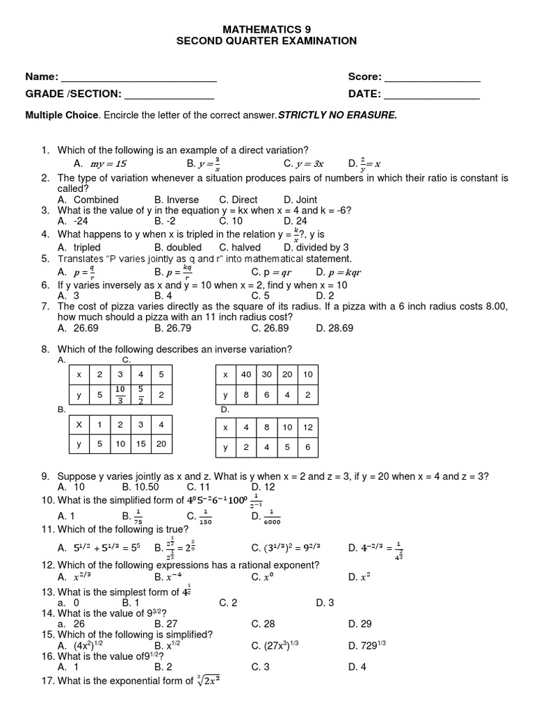 Mathematics 9 Second Quarter Examination: An Assessment of Students ...