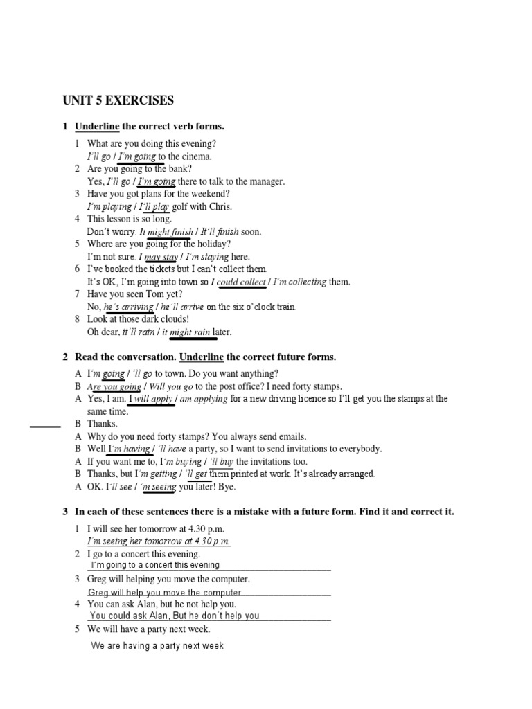 Unit 5 Exercises: 1 Underline The Correct Verb Forms | PDF
